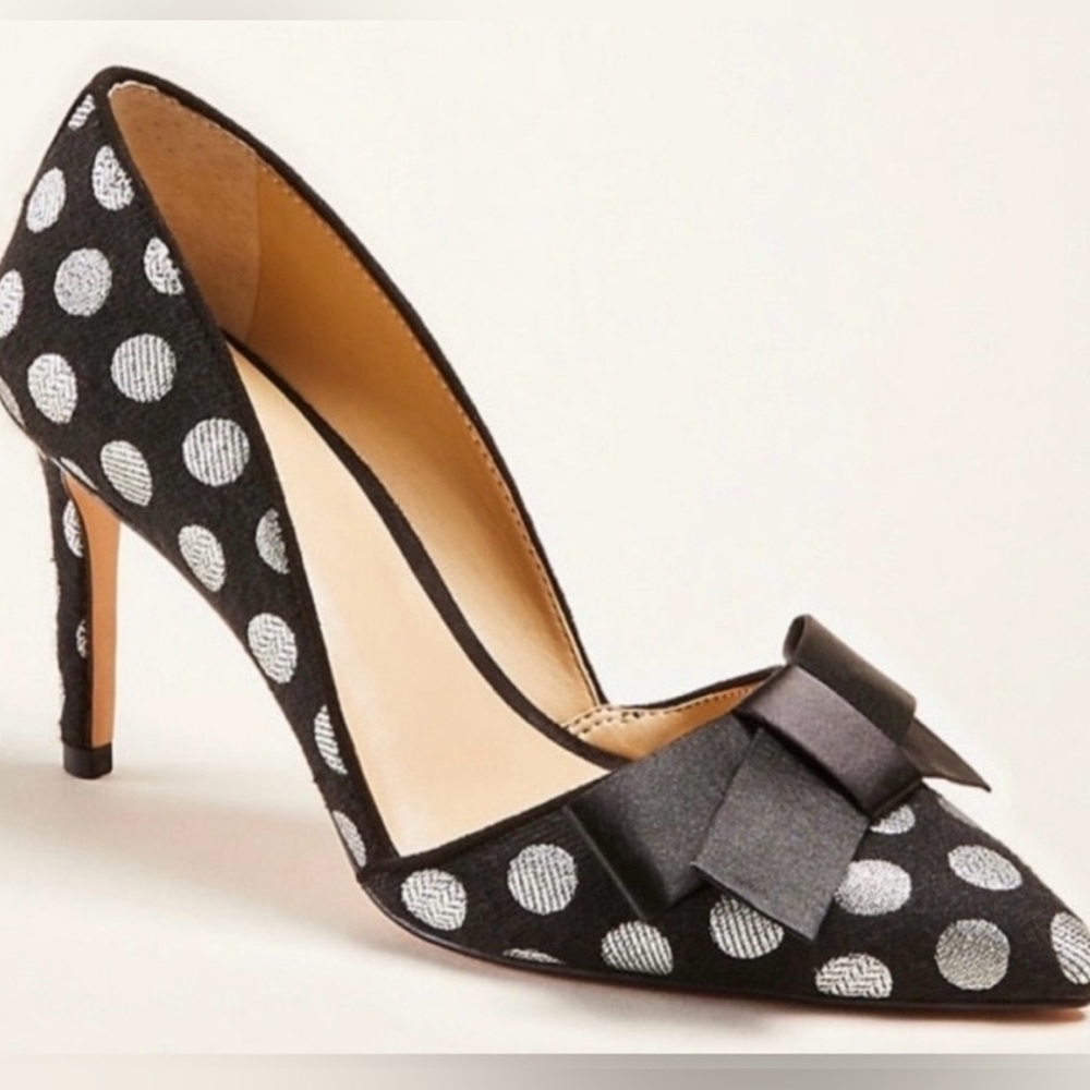 Ann Taylor Azra Silver and Black Polka Dot Black Bow Pointed Tow Heels